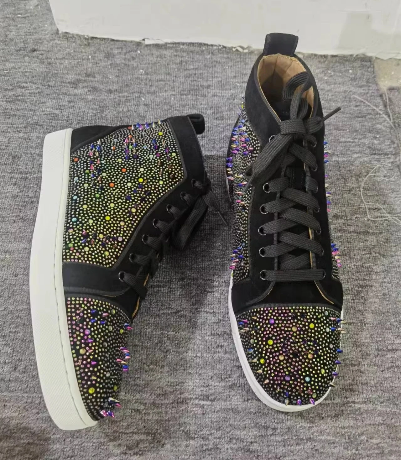 Colorful Rhinestone Rivets High-Top Men's Shoes Trendy Round Toe Lace Up Sneakers Black Comfortable Couple Casual Flat Shoes