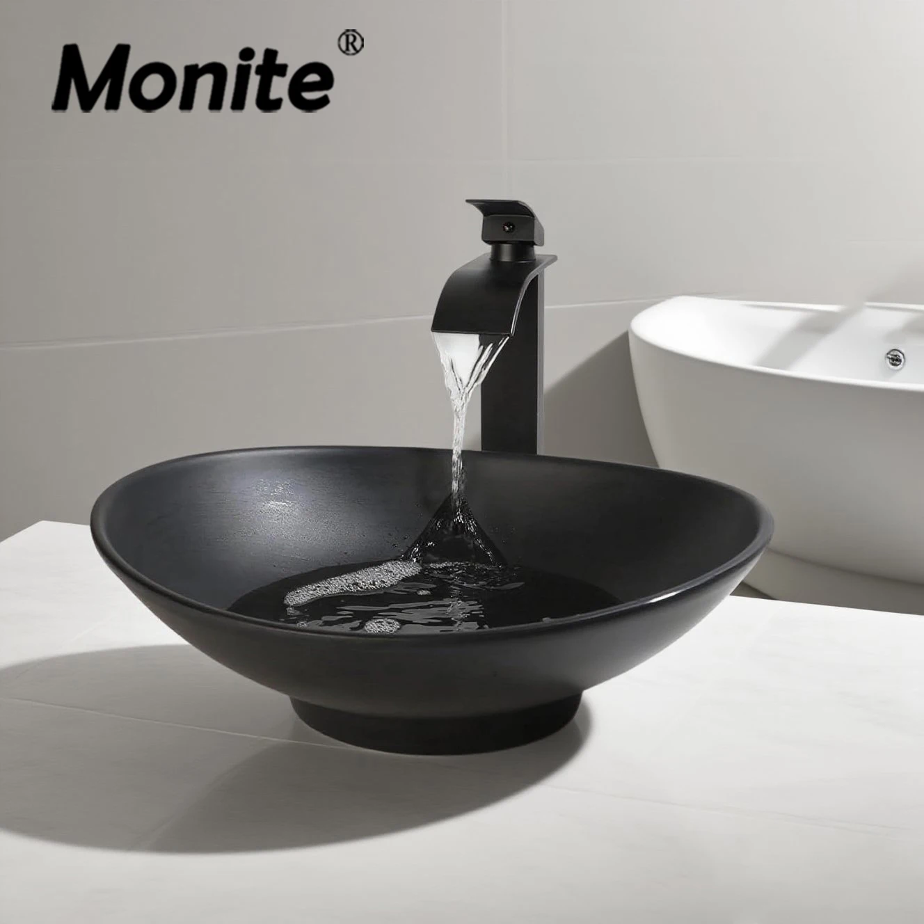 

Набор смесителей для раковины Monite, матовый черный, современный каменный полимерный смеситель с водопадом, всплывающий сливной комбинированный художественный овальный сосуд, раковины