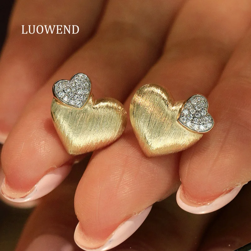 

LUOWEND серьги из 100% желтого золота 18 карат, женские романтические серьги-гвоздики в форме сердца с настоящими натуральными бриллиантами, высокие свадебные украшения