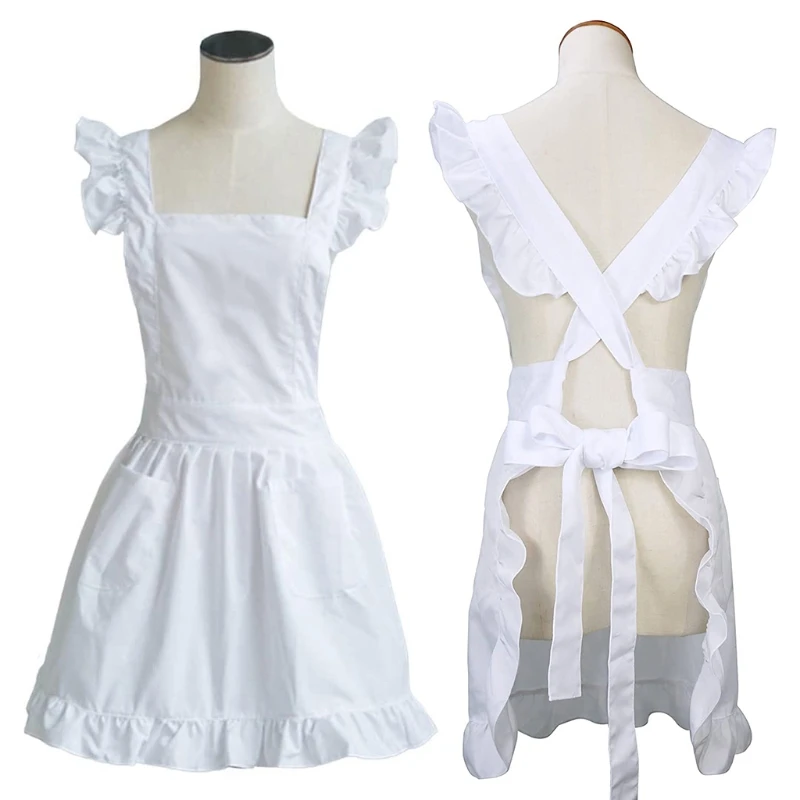 Womens Girls Ruffles Outline Retro White Apron with Pockets Adjustable Victorian Bib Maid Cosplay Kitchen Baking Costume