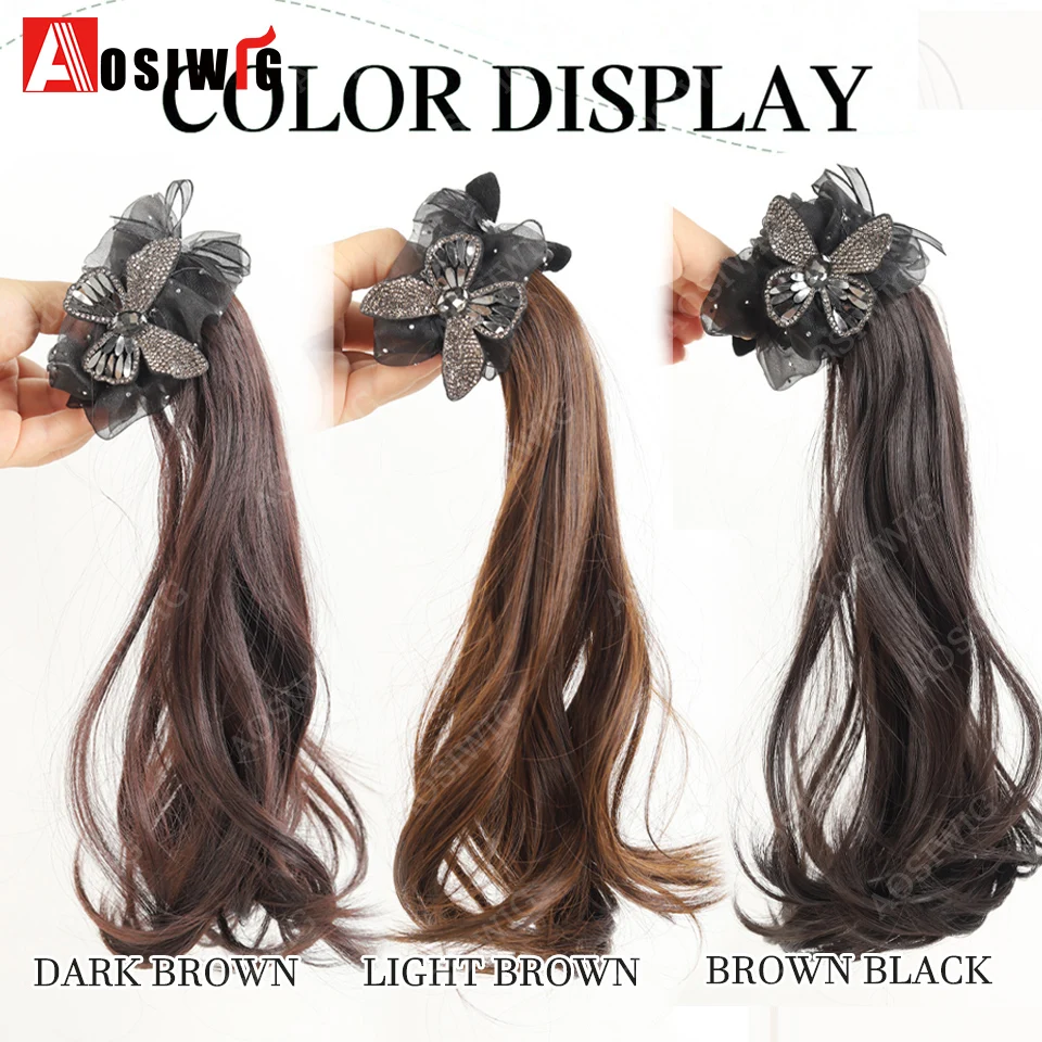 Scrunchie Long Wavy Ponytail Wig Tulle Rhinestone Butterfly Decor Synthetic Elastic Hair Extensions For Women Daily Party