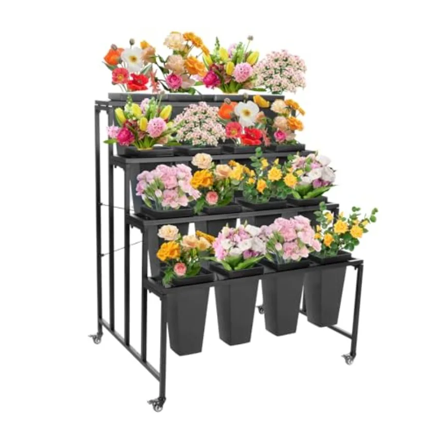 

4 Tier Flower Display Stand for indoor/outdoor use, iron frame with plastic buckets, black color, rolling mobility with 4 unive