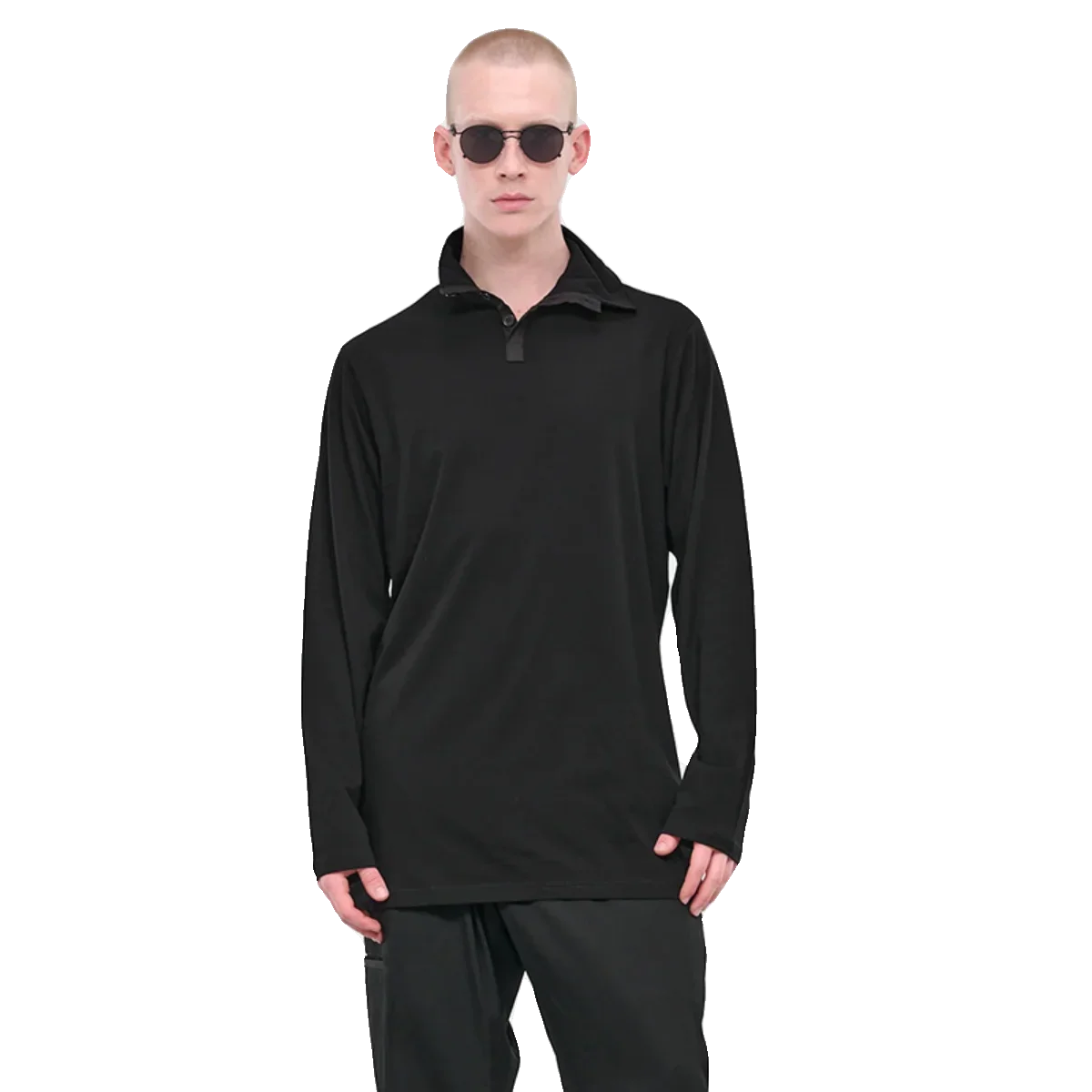 YOJI OOAK التصميم الأصلي الوقوف طوق أسود طويل الأكمام قميص بولو طية صدر السترة بلوزة كاجوال زر تي شيرت للرجال #5