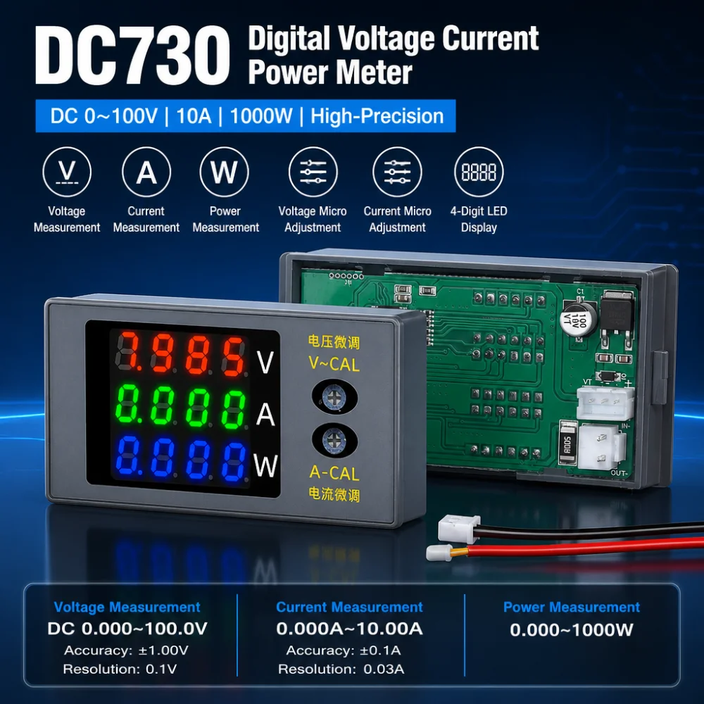 DC730 Four-digit Voltmeter, Ammeter and Wattmeter, DC 0~100V 10A 1000W, with Fine-tuning of Voltage and Current