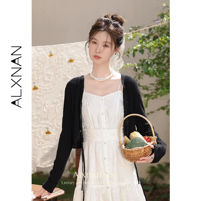 

ALXNAN Cropped Black Lace-up Knitted Cardigan 2024 Spring Summer V-neck Long Sleeve Tops Womens Sweater Coat Knitwear L33837SY