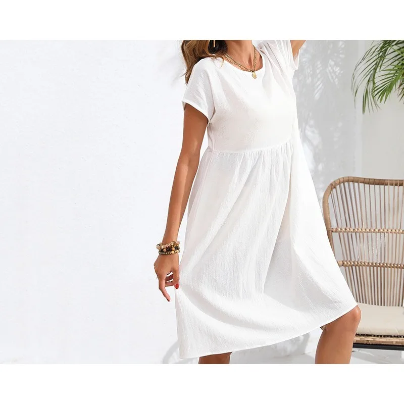 

2026 Fashion Summer Temperament Cotton and Linen Crew Neck A-shaped Skirt Pocket Dress
