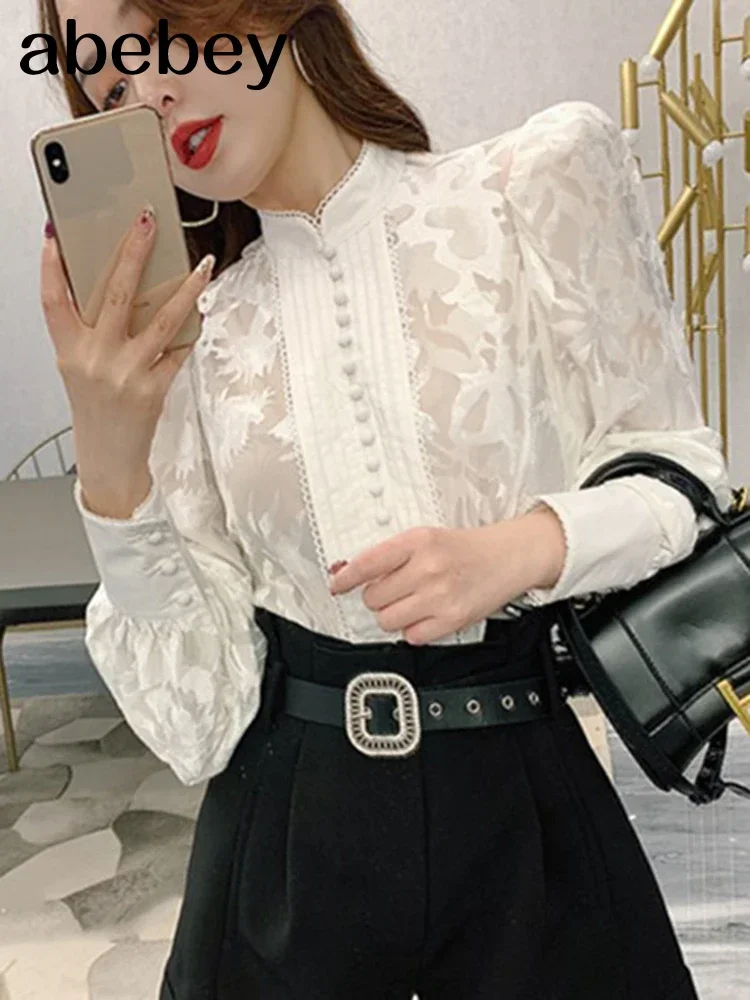 Korean Shirts For Women Stand Collar Puff Long Sleeve Patchwork Buttons Designer  Loose Blouses Female 2024 w