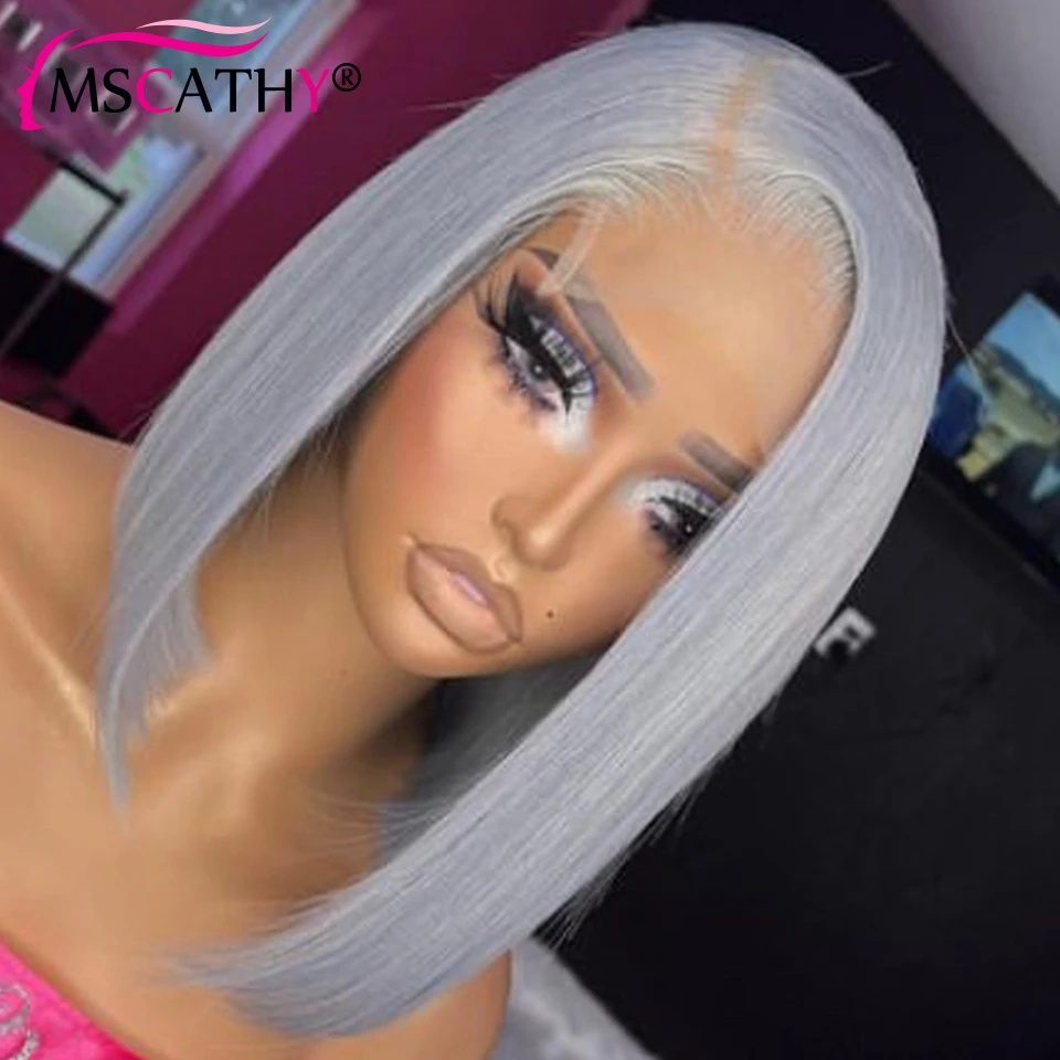 13x4 Silver Grey Short Bob Wig with Baby Hairline Brazilian Virgin Human Hair HD Lace Frontal Wigs for Women Preplucked 150%