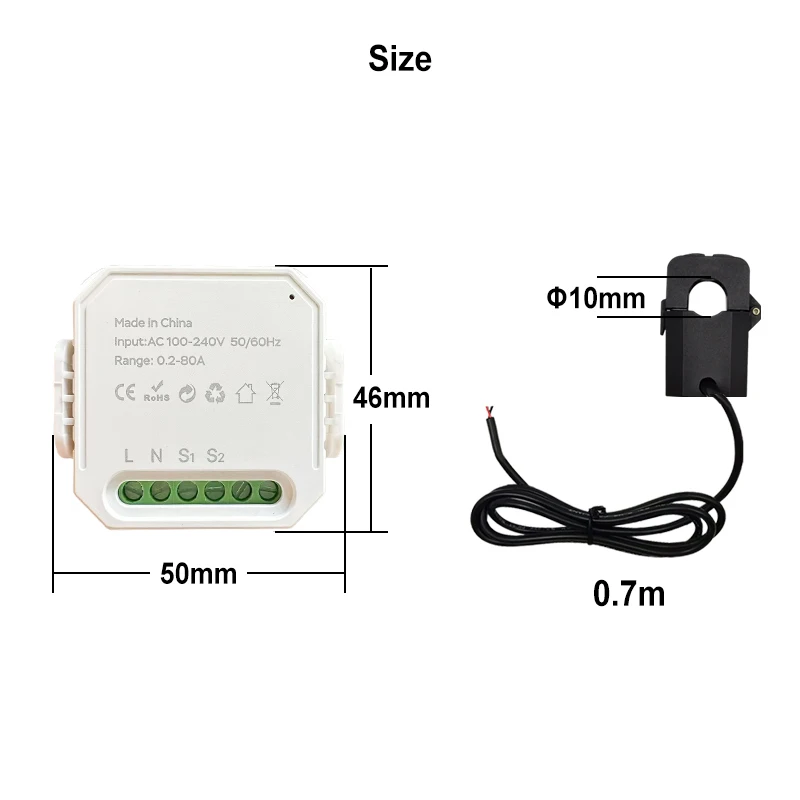 Tuya WIFI Smart Energy Meter AC100-240V 1CT Clamp App Control 80A Power Monitor Electricity Statistics 50/60Hz Intelligent Life