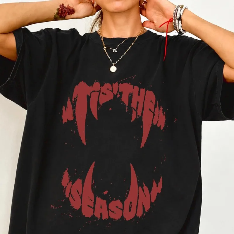 Halloween Themed T-shirt, Retro Fang Pattern T-shirt for Men, Summer New Unisex High Street T-shirt