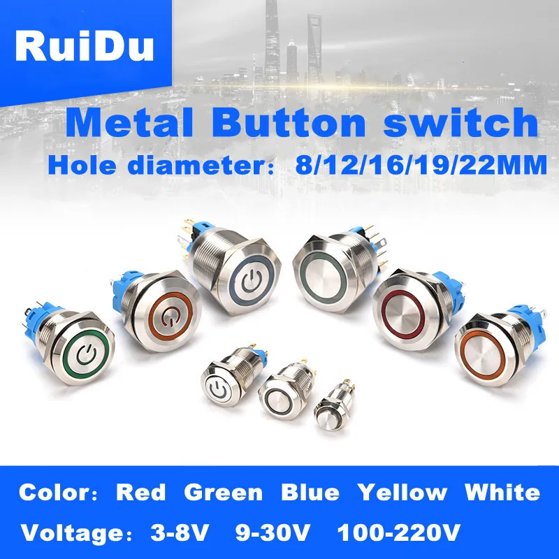 12 16 19 22mm Wodoodporny metalowy przełącznik przyciskowy LED Chwilowy zatrzaskowy wyłącznik zasilania silnika samochodowego 5V 12V 24V 220V Czerwony Niebieski