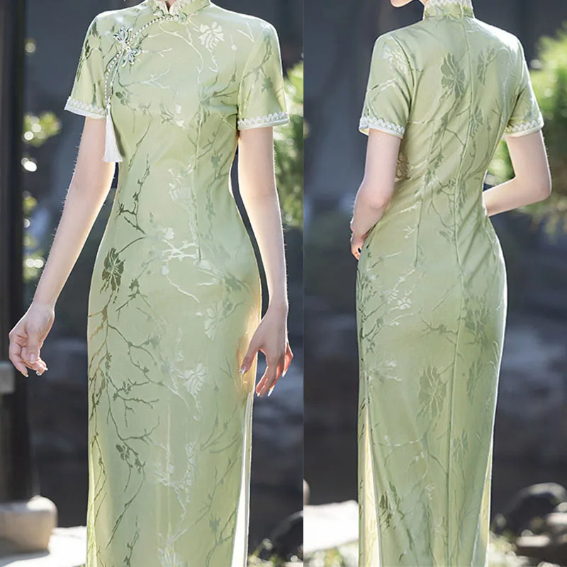 

Summer New Chinese Dress Women Green Jacquard Qipao Elegant Dresses Mid The Calf Cheongsam Short Sleeve Vestidos Plus Size 3Xl
