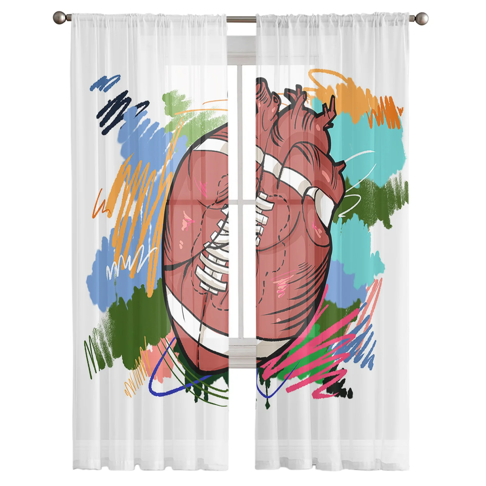 Sports Rugby Heart Graffiti Sheer Curtains For Living Room Window Long Tulle Curtain Bedroom Kitchen Decoration Voile Drapes