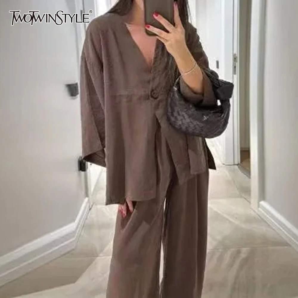 

TWOTWINSTYLE Solid Loose Two Piece Set for Women V Neck Long Sleeve Top High Waist Minimalist Pant Sets Female New