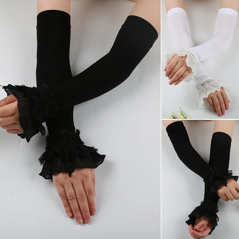 Guantes de conducción sin dedos de manga larga elástica para mujer, cubierta de brazo de encaje Sexy, protección solar, manga de muñeca, mitones