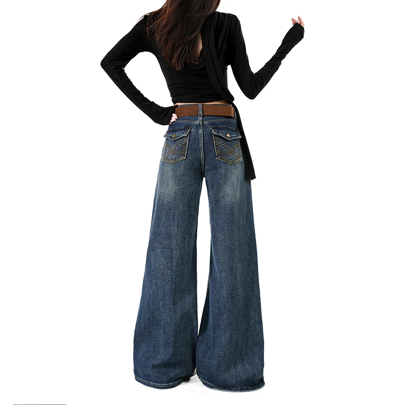 

Джинсы женские расклешенные с высокой талией, с вышивкой, свободного кроя, из тонкого вельвета, на осень, длинные брюки-клеш