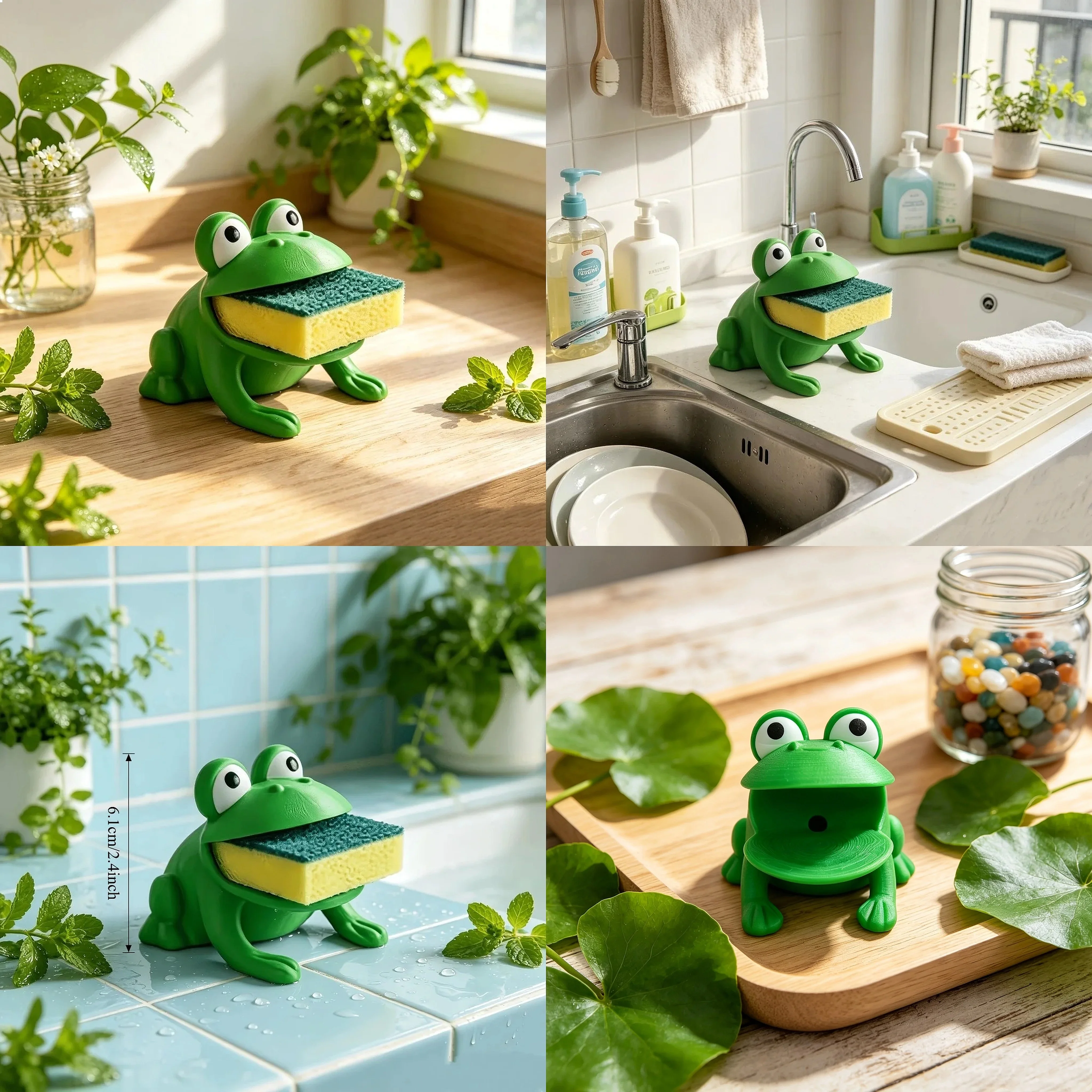 Frog-Shaped Sponge Holder with Drainage Dishwashing Brush Caddy for Kitchen Sink