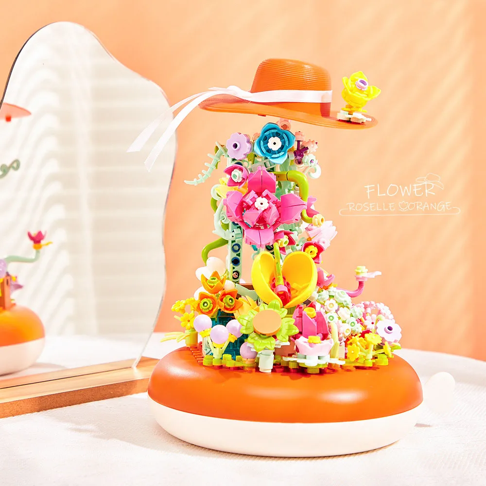 Creative Idea DIY Building Brick Flower World Hat Music Box Construction Mini Block Assemble Model Educational Toy For Girl Gift