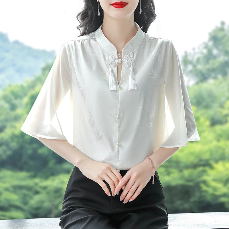 

Women Vintage Printed Blouses Summer Short Sleeve Elegant Chinese Style Design Pullover Shirts Blusa Mujer Moda 2025