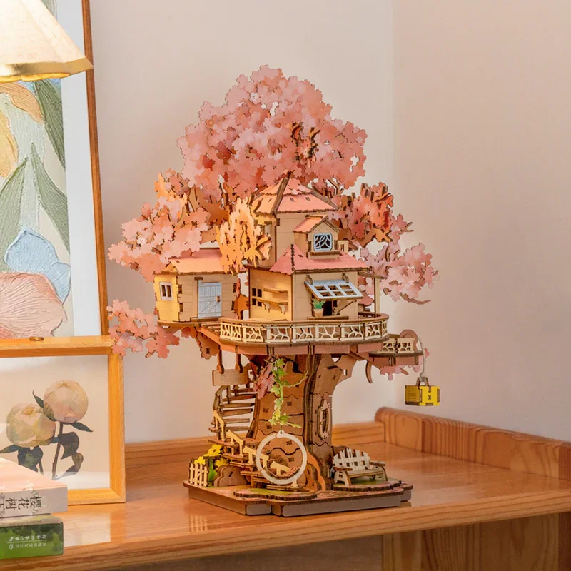 Robotime Rolife Sakura Tree House 3D Puzzles DIY Model Building Toy Wooden Craft Kits Hobby for Kids Brain Teaser Gift