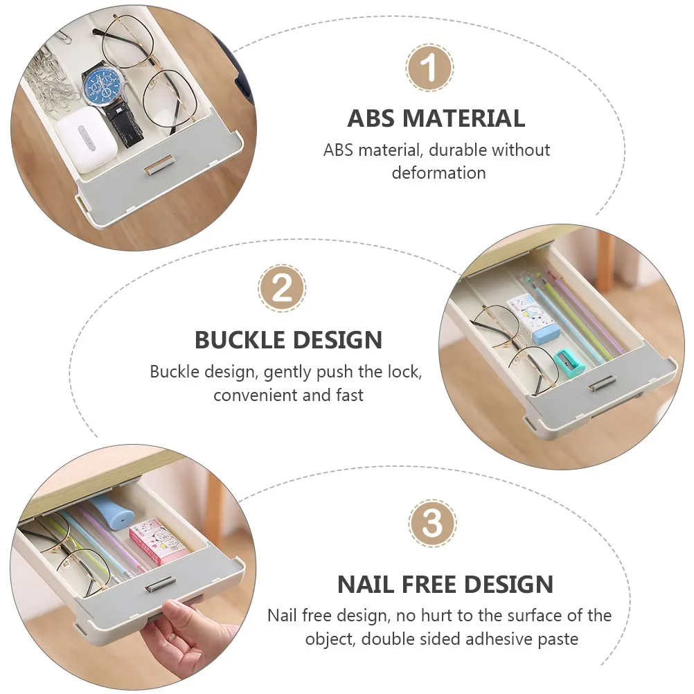 

1Pcs Under Table Desk Hidden Storage Box Nail-Free Buckle Design ABS Adhesive Desk Bottom Organizer for Keys Pens Labels