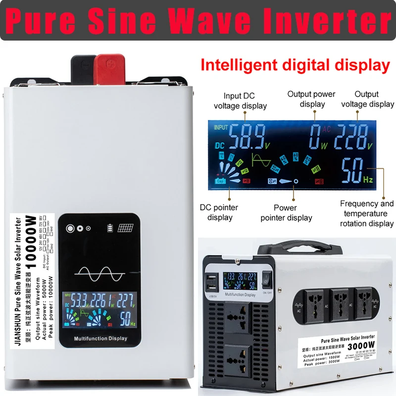 Power Pure Sine Wave 12000W 10000W 8000W Inverter 12V 24V 48V 60V 72V 96V to 220V 50Hz Converter Solar Car Inverters Off Grid