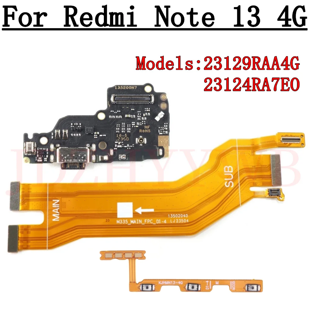 

USB-разъем для зарядки, док-разъем, плата зарядного порта для Redmi Note13, 4G, кнопка регулировки громкости, материнская плата, гибкий кабель