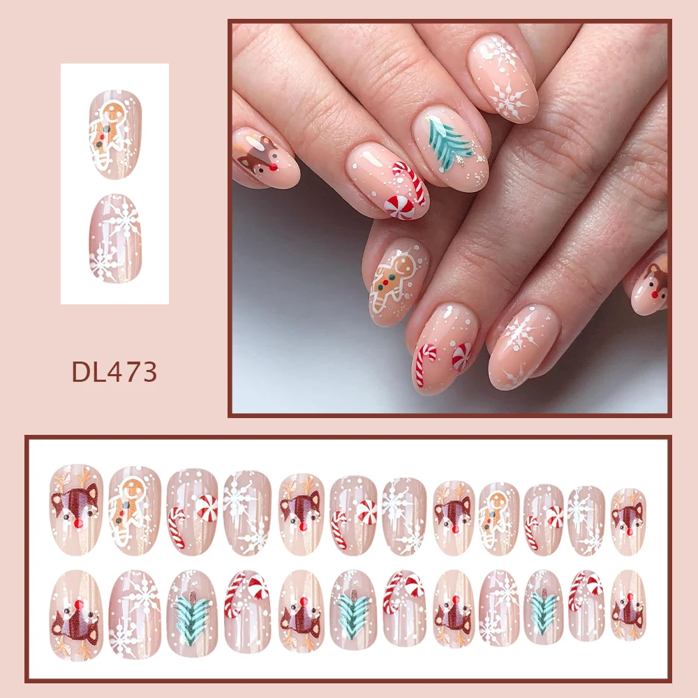 Nude Christmas Press On Nails Short Round Gingerbread Candy Cane Snowflake Reindeer Design Reusable False Nails
