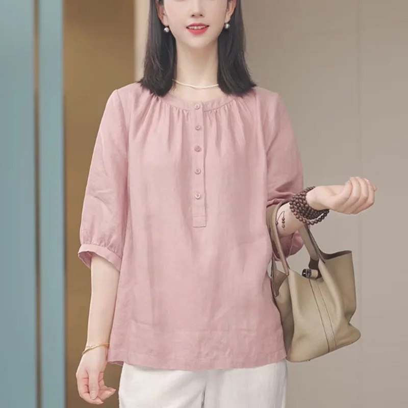 

Loose Fit Cotton Linen ort Sve irt Women's Summer High End Flax Loose Top Cover Belly Slimming Top Faionable Casual ...