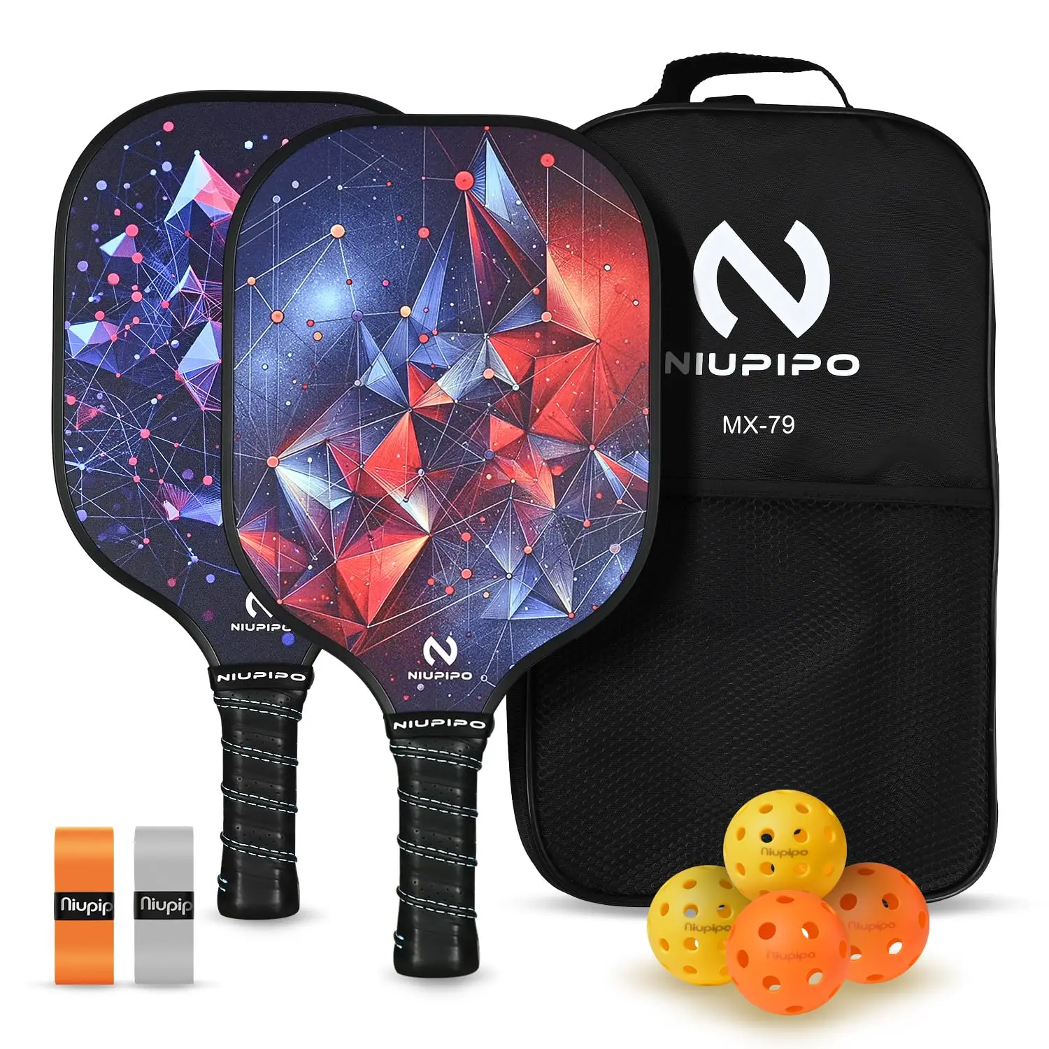 

Niupipo MX-79 Fiberglass Pickleball Paddle Set - 2 Paddles, 4 Balls, 1 Storage Bag, Complete Kit for Indoor Outdoor Sports