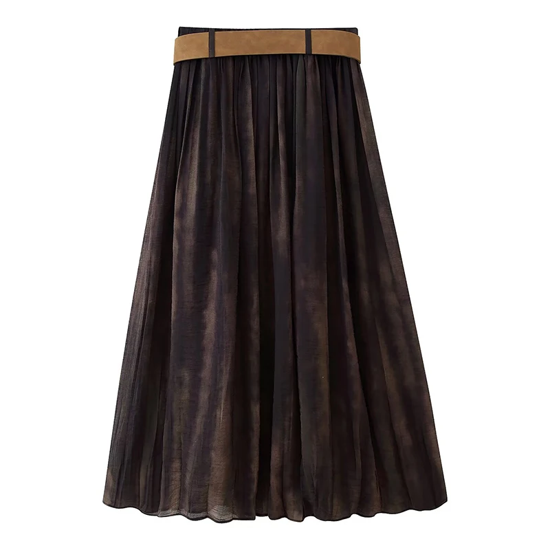 YENKYE Women Faded Printed Elastic Waist With Belt A-line Midi Skirt