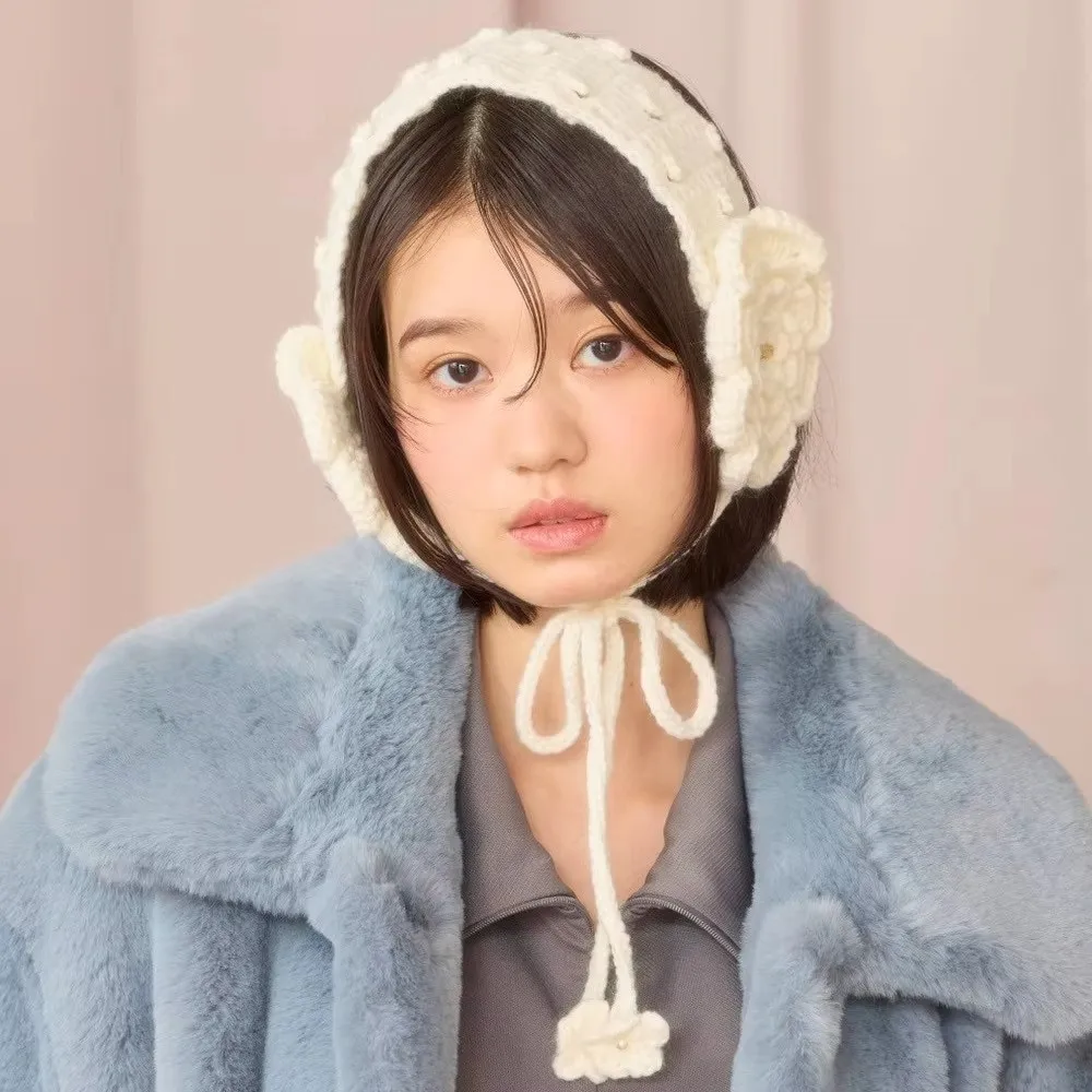 Fashion Japanese Knitted Ear Muffs Handmade Flower with Adjustable Strap Warm Earmuffs Ear Protection Ear Covers Autumn Winter