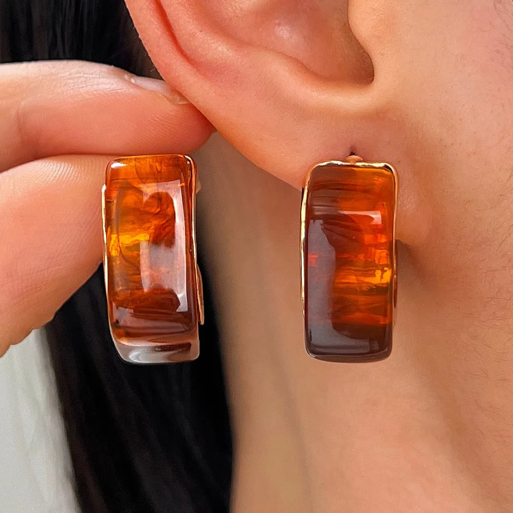 Retro Maillard Style Geometric Square C Shape Resin Stud Earrings Gold Tone Metal Frame Hoop Earrings for Women Trendy Jewelry