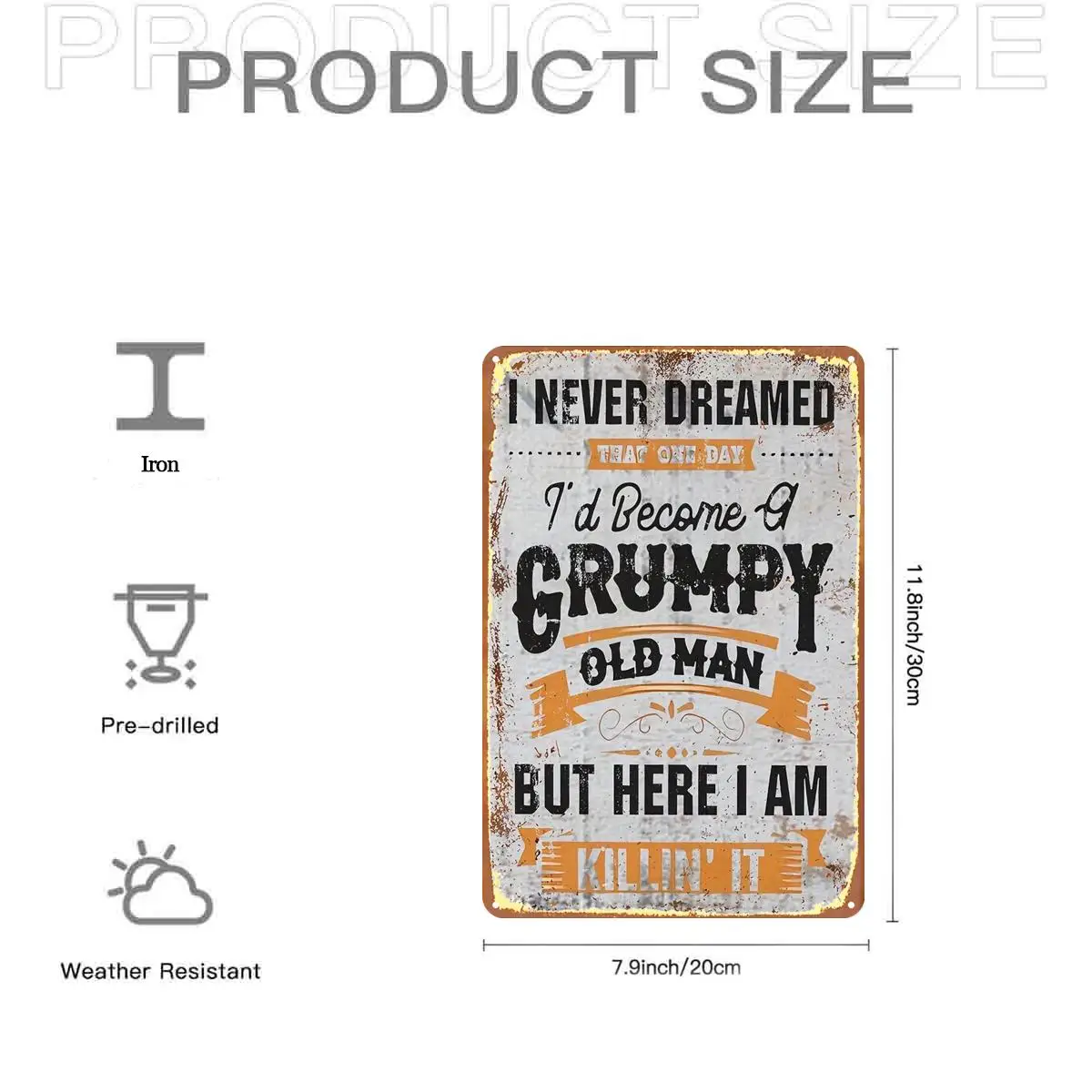 2D Flat, 1pc, Retro Rusty Grumpy Old Man Sign Metal Iron Sign, Pre-Drilled Holes, Suitable for Indoor, Garden, Outdoor, Home, Of