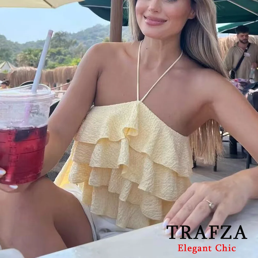 TRAFZA Sweet Halter Yellow Short Top Women\'s Layered Ruffle Neck-mounted Top New 2024 Summer Fashion Holiday Party Short Top