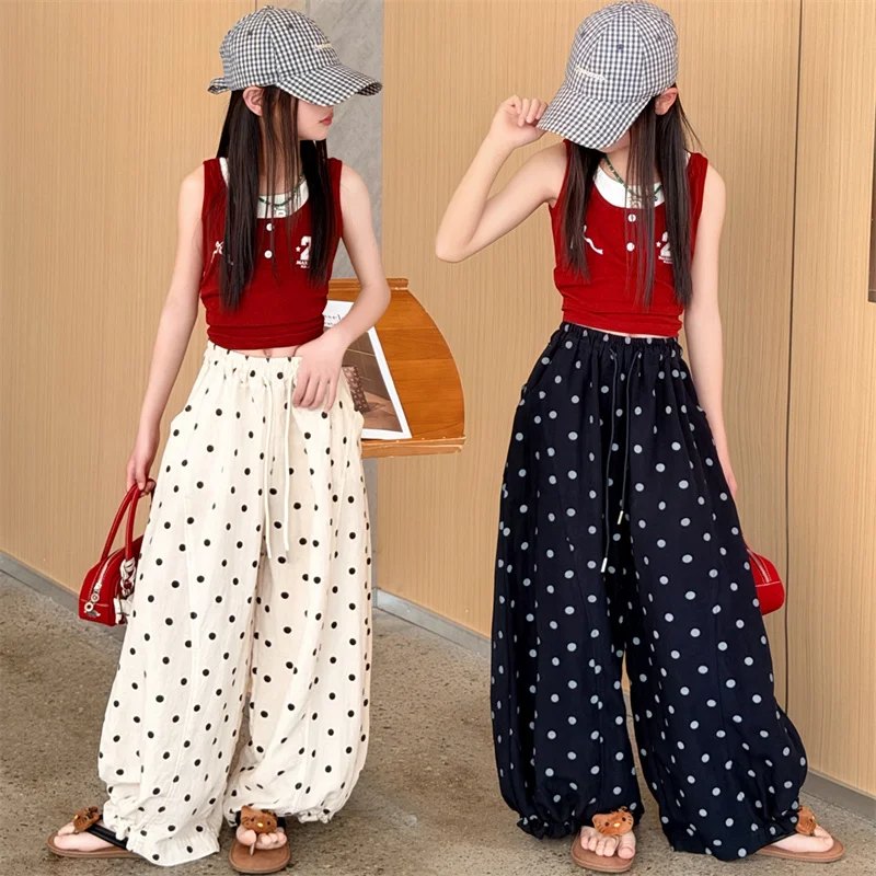 

Sweet Girls Fashion Polka Dot Harem Pants Loose Navy Beige Color Korean Summer Kids Streetwear Cotton Linen Ankle-Length Trouser