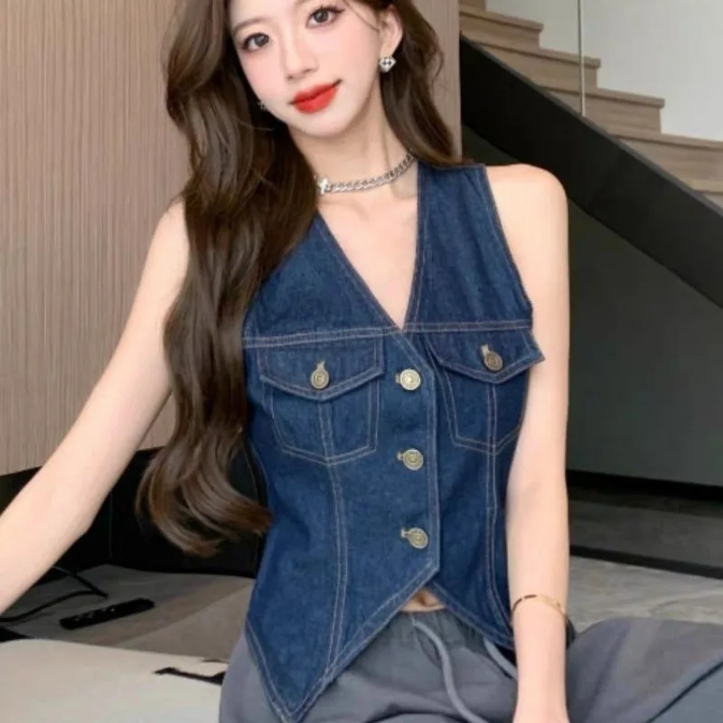 Chic Vintage V-neck Denim Vest Women Y2k Clothes Spring Summer Sleeveless Slim Tank Top Harajuku Single-breasted Cropped Jacket