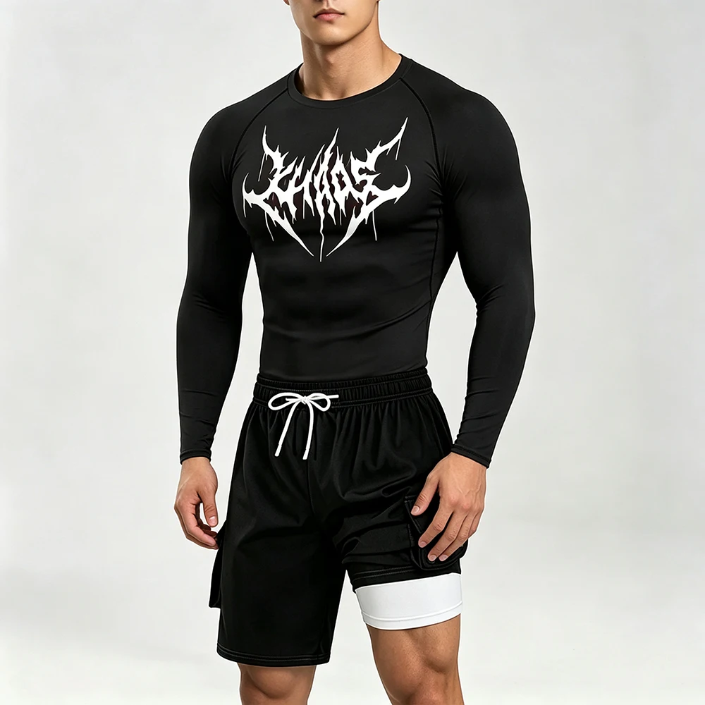 

Men Quick Dry Workout 2Pcs Mechanical Spider Print Compression Long Sleeve Double Layer Cargo Shorts For Sports Running Set
