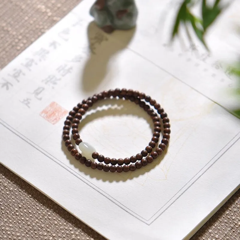 Golden 6M Thin Buddhist Bead Simple Hetian Jade Ancient Style Fresh Fairy Sandalwood Bracelet For Artistic Women HandString