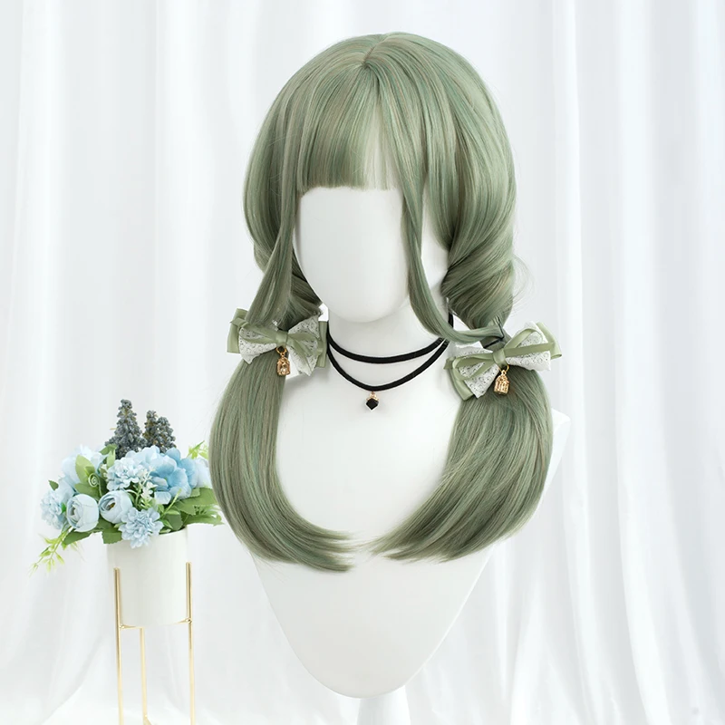 MSIWIGS Long Green Straight with Bangs Synthetic Wigs for Women\'s Lolita Fake Hair Cosplay Hairpiece