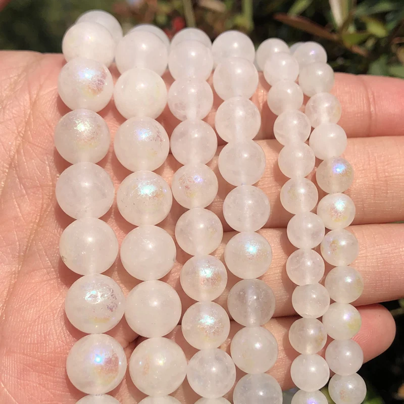 الحجر الطبيعي AB الأبيض Moonstone الكوارتز الكريستال فضفاض الخرز لصنع المجوهرات قلادة سوار ذاتي الصنع 15 بوصة 6 8 10 مللي متر