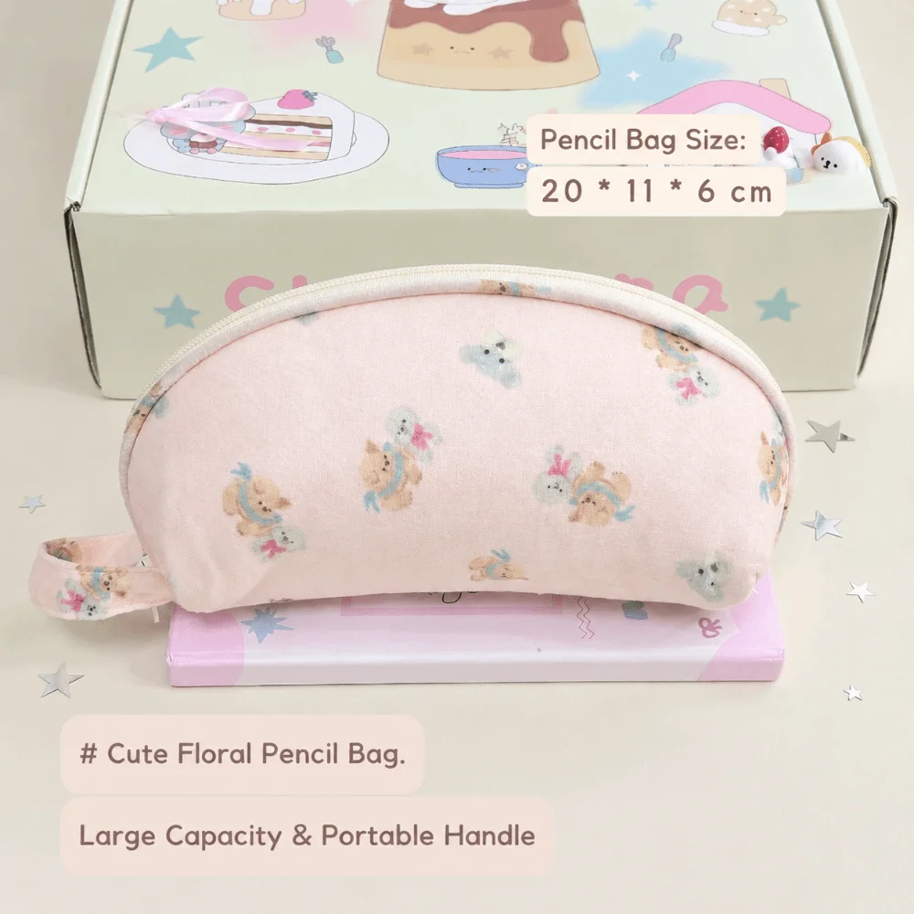 Puppy Print Pencil Case Shell Shaped With Handle Pen Bag Large Capacity Multi Compartment Stationery Bag School Supplies
