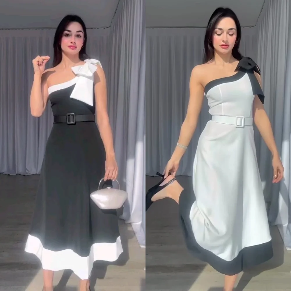 Customized  Prom Satin Bow Sashes Engagement A-line One-shoulder Bespoke Occasion Gown Midi Dresses