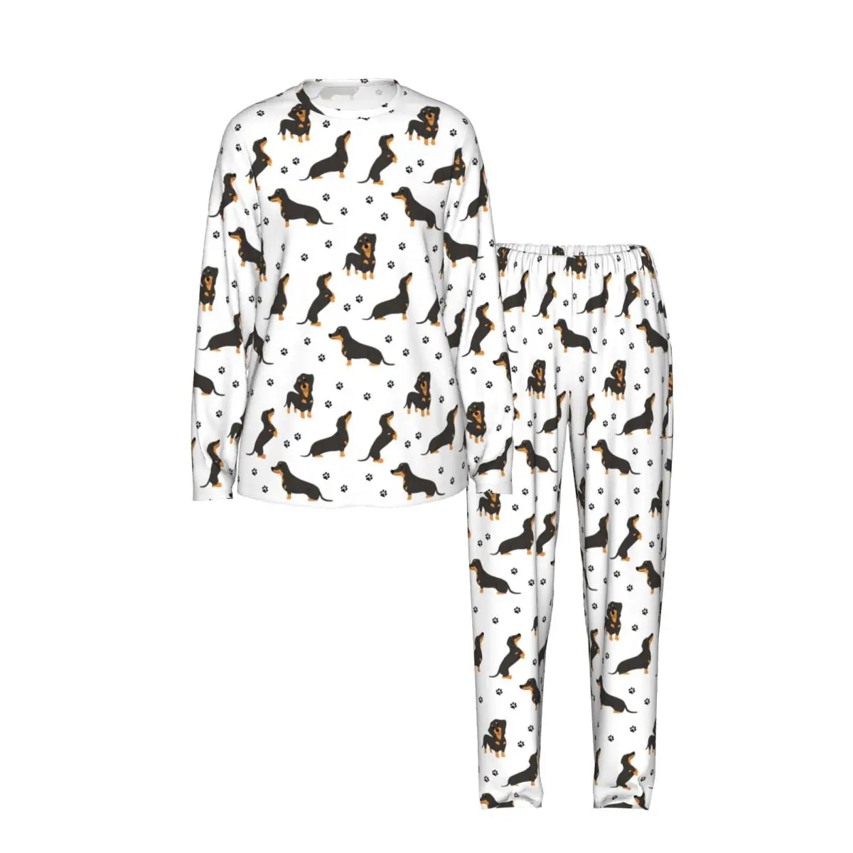 Dachshund Dog Pattern With Dog Paws xdvsd Round Neck Long Sleeves Nightdress for Sleepshirts Women Soft Pajama Set Long Pants