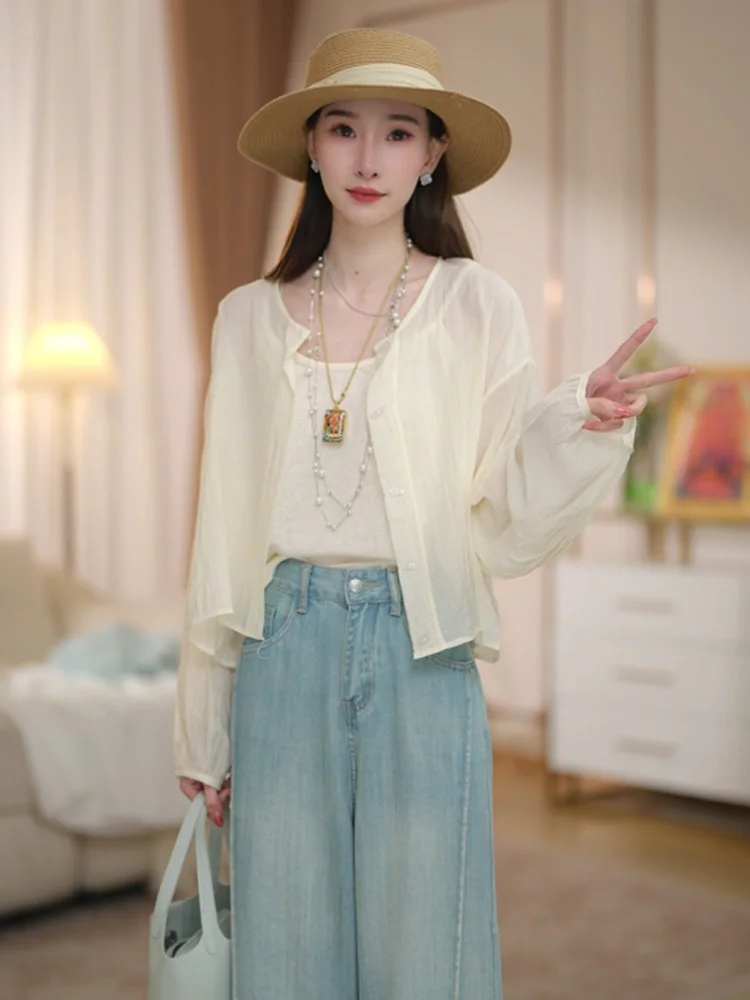 

Faionable Long Sve Loose Women's Sun Protection irt Single Button Design Versatile Sli Commute Sle Breathable