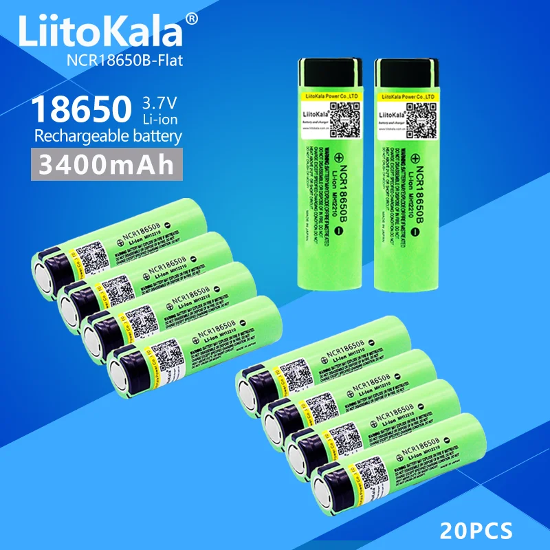 

20PCS LiitoKala 34B 100% New Original NCR18650B 3.7v 3400 mah 18650 3400mAh Lithium Rechargeable Battery Flashlight batteries