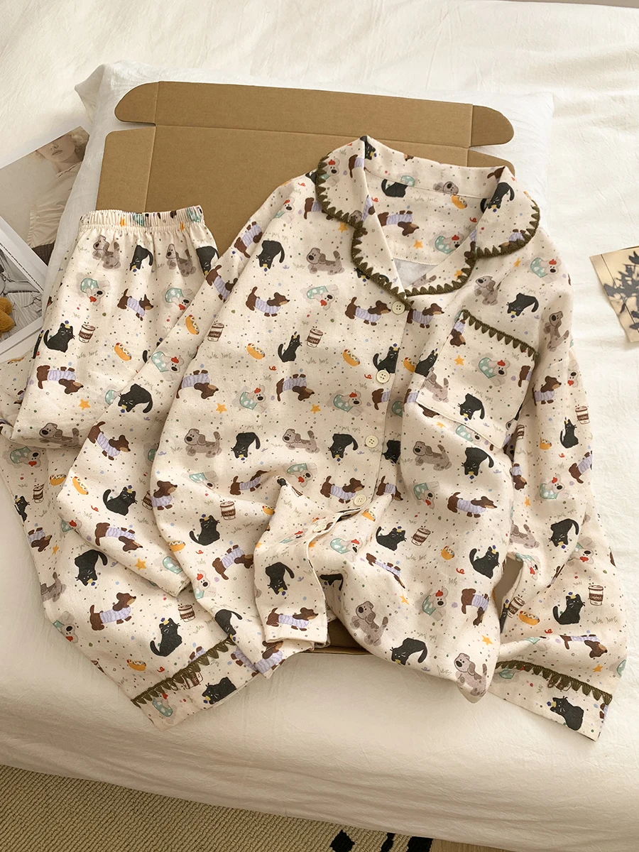 

Cartoon Dog Flannel Pajamas Women's Long Sleeve Warm Comfortable Breathable Cotton Home Clothes Two-Piece Set Spring Autumn