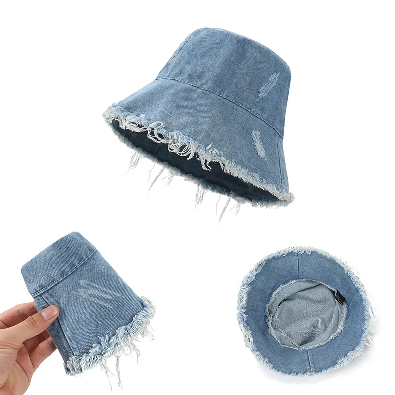 New Trendy Denim Bucket Hat Wide Brim Washed Frayed Edges Sun Protection for Large Head Size UV Blocking Summer Shade Outdoor