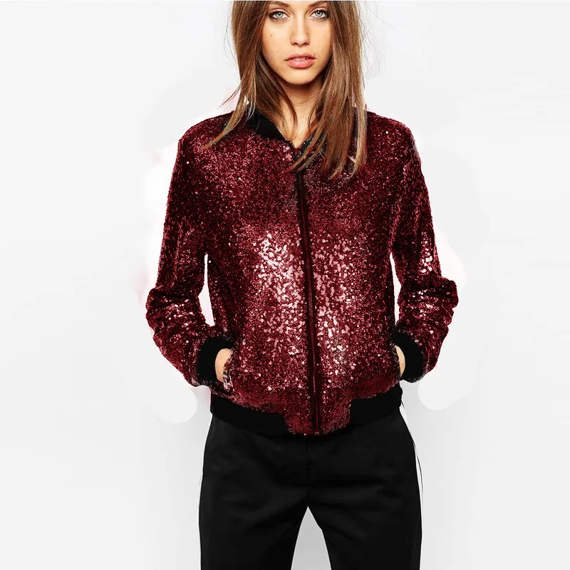 Giacca da donna con paillettes lucide giacca da Baseball a righe a contrasto cappotto Casual con cerniera Street Wear