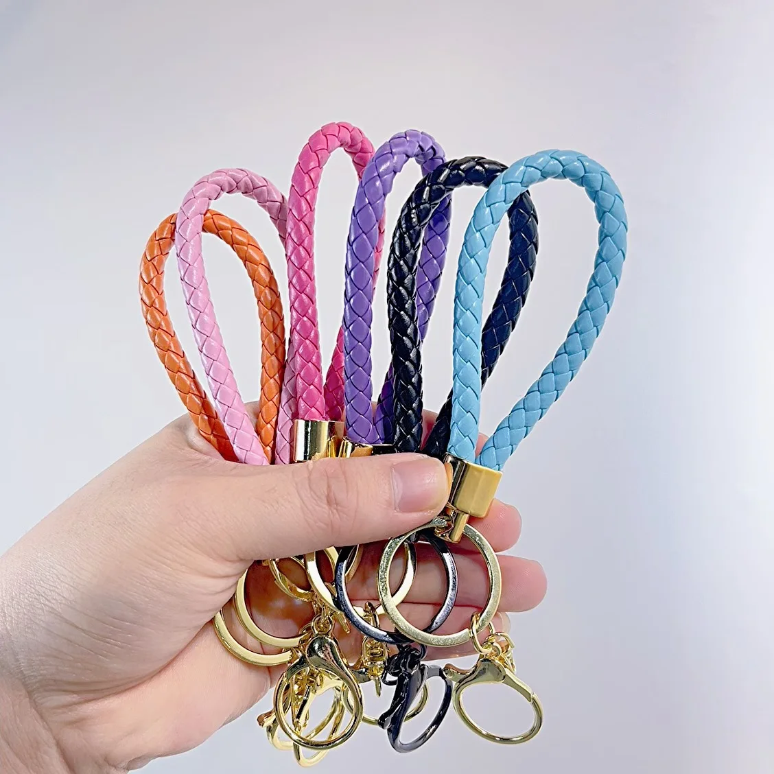Colorful PU Leather Braided Keychain with Metal Lobster Clasp Pendant Creative Car Key Holder Bag Phone Decortion Accessories
